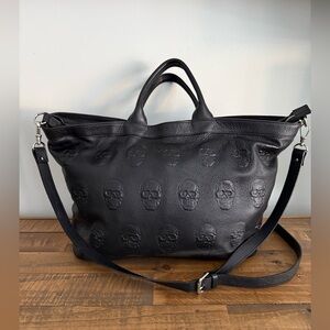 IOpelle ITALIAN GENUINE LEATHER BLACK LARGE TOTE SHOULDER BAG SKULLS NEW